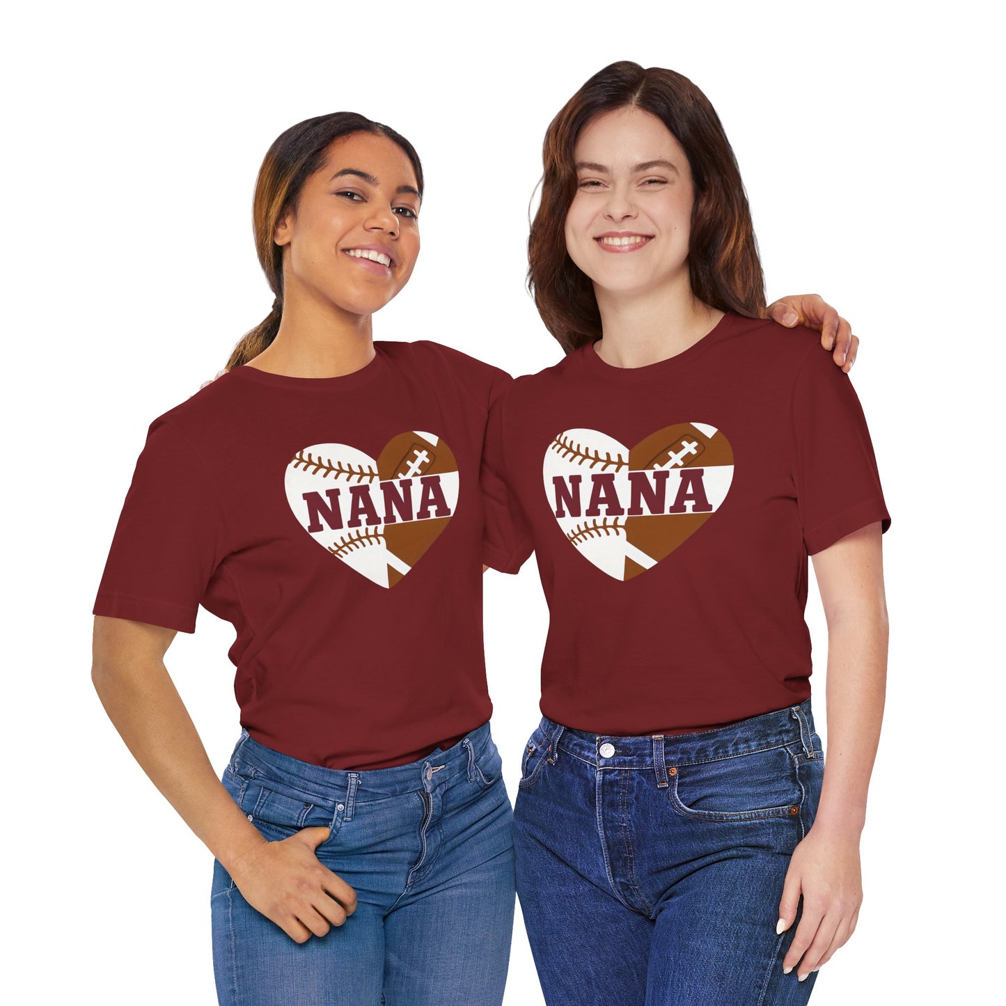 Baseball and Football Heart Tee for Grandma, Unisex Jersey Short Sleeve Shirt, Nana Gift, Sports Fan T-Shirt, Mother's Day Apparel
