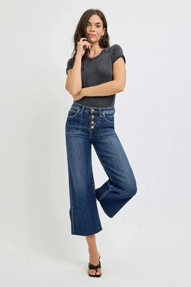 Full Size High Rise Wide Leg Cropped Button Fly RISEN Jeans – Plus Size