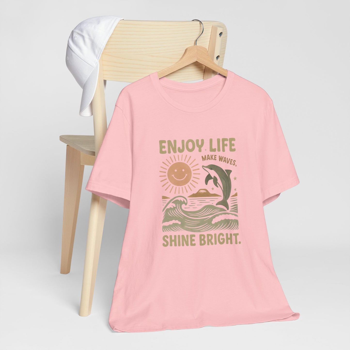 Enjoy Life Short Sleeve Tee - Retro Beach Vibes, Summer Style, Perfect Gift, Casual Wear, Dolphin Design, Fun Shirt