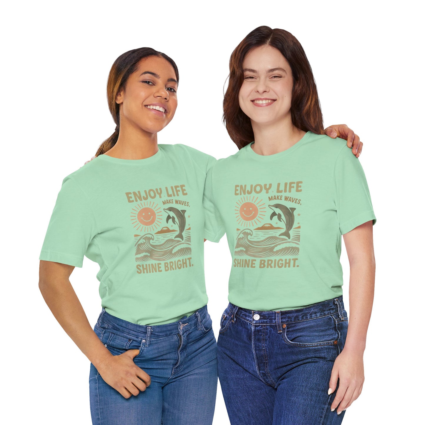 Enjoy Life Short Sleeve Tee - Retro Beach Vibes, Summer Style, Perfect Gift, Casual Wear, Dolphin Design, Fun Shirt