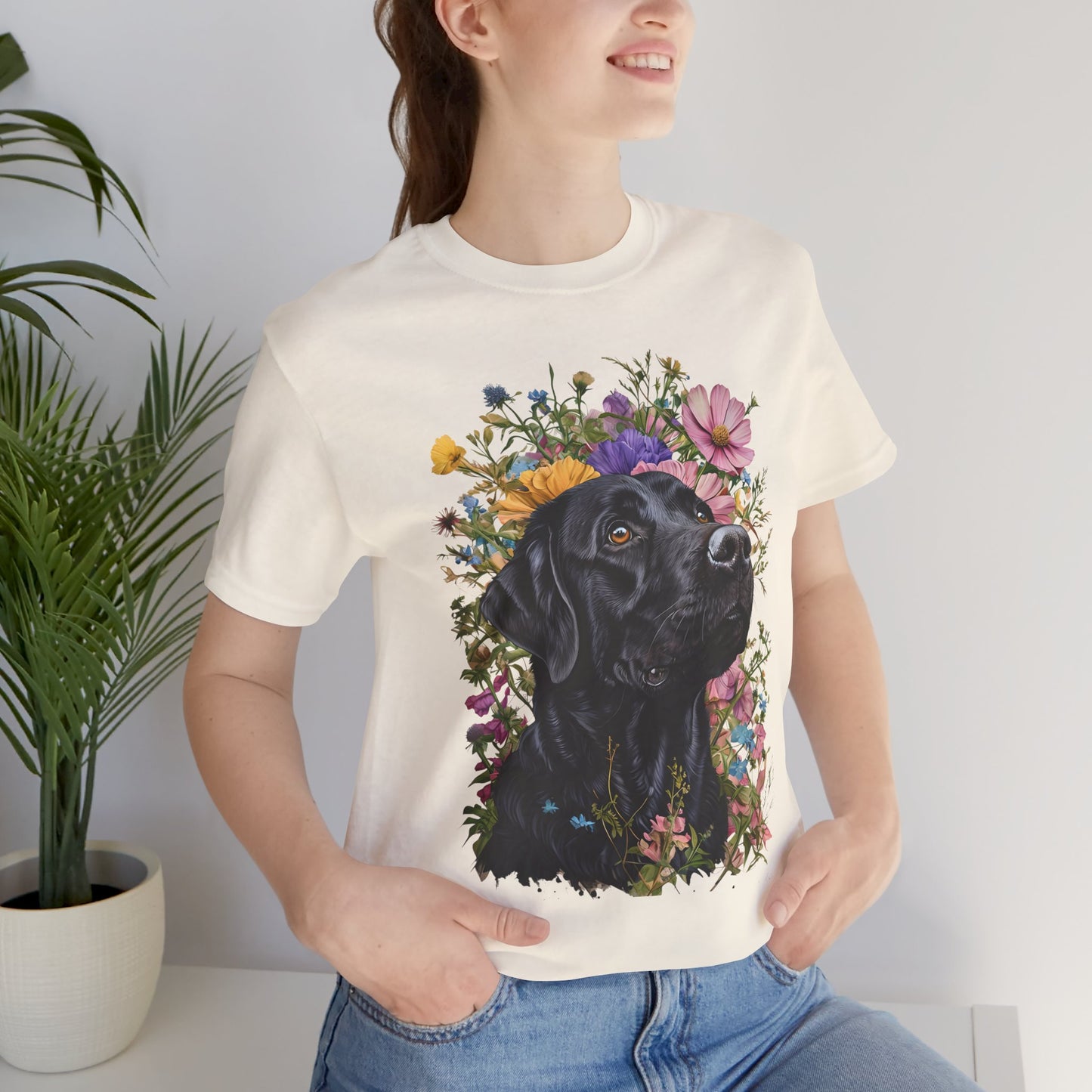 Black Lab Floral Short Sleeve Tee | Dog Lover Gift, Pet Memorial, Mother's Day Gift, Nature Lover Apparel, Casual Wear