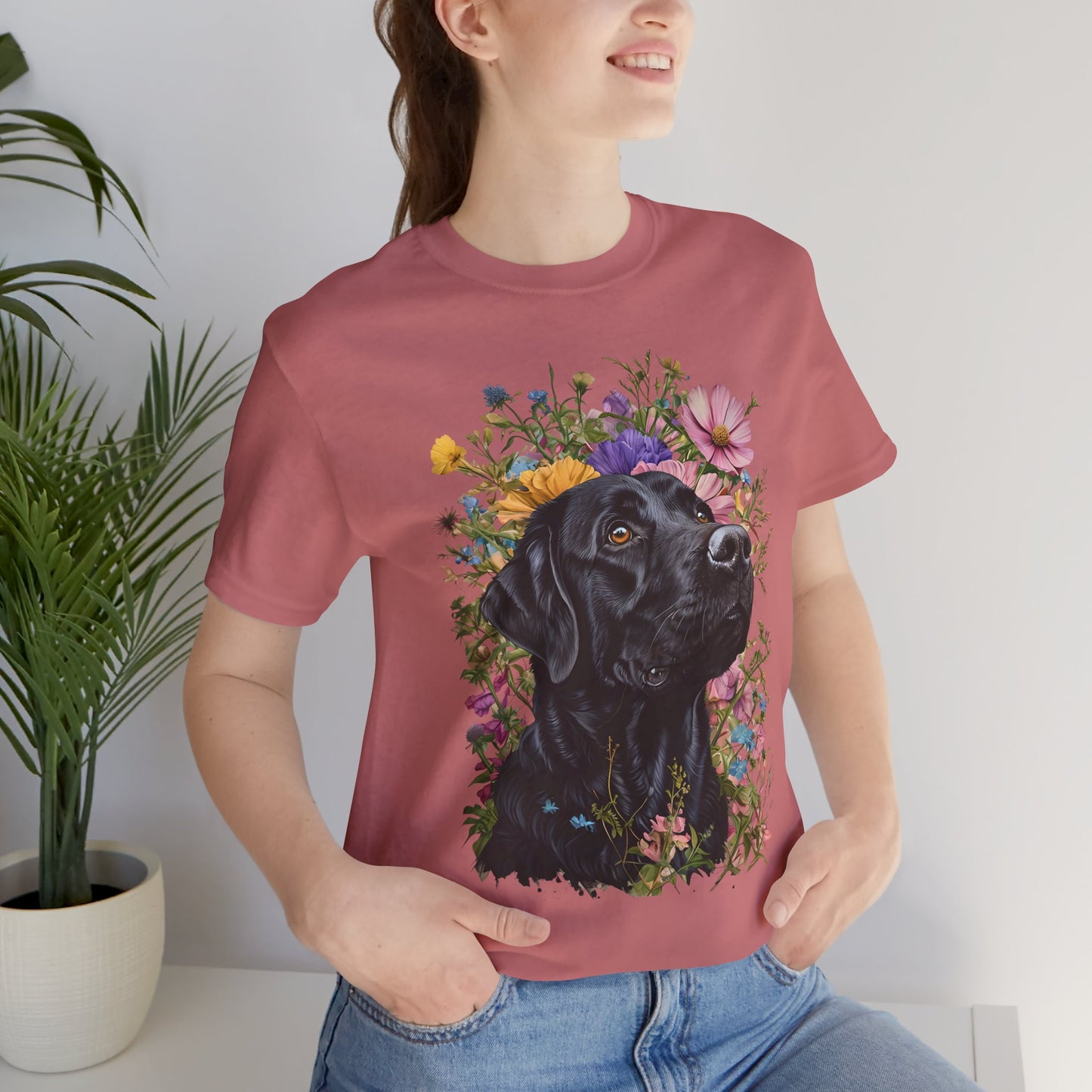 Black Lab Floral Short Sleeve Tee | Dog Lover Gift, Pet Memorial, Mother's Day Gift, Nature Lover Apparel, Casual Wear