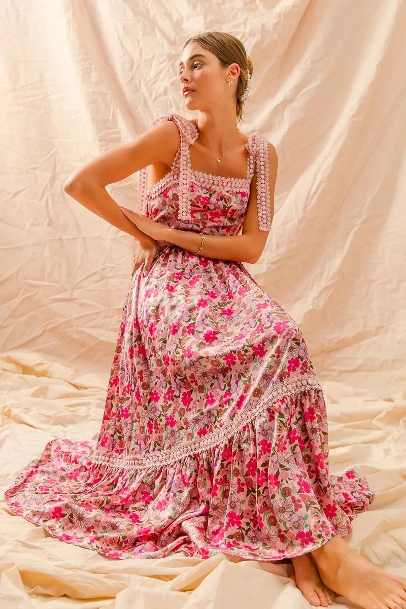 SO ME Floral Maxi Dress with Ribbon Tie Lace Strap