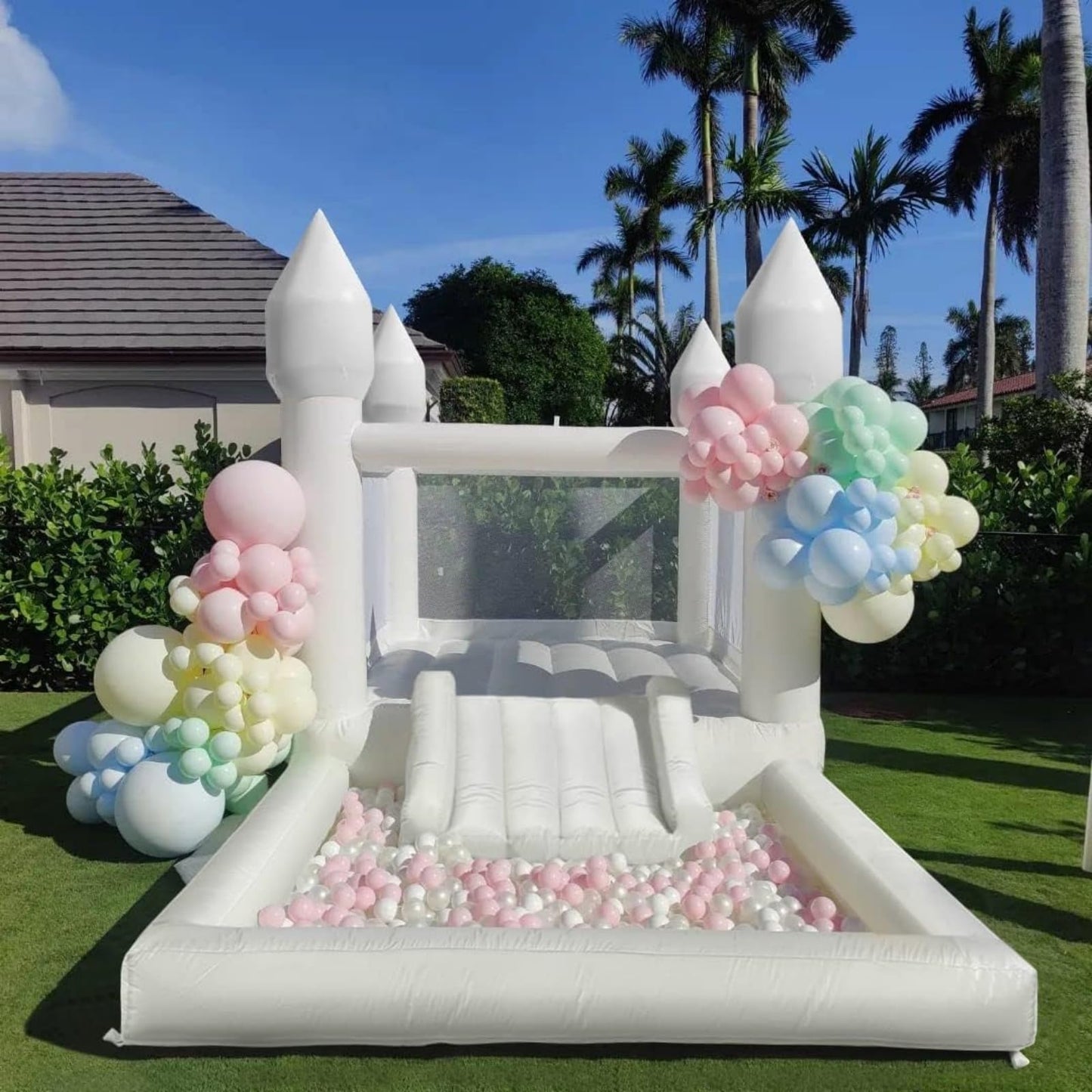 Inflatable White Bounce House for Kids with UL Blower- 13 L X 8 W X 8 Portable Large Ball Pool and Jump Space 3in1 Bouncy Castles A Spacious Joy-Room Bounce House for Children 3-12