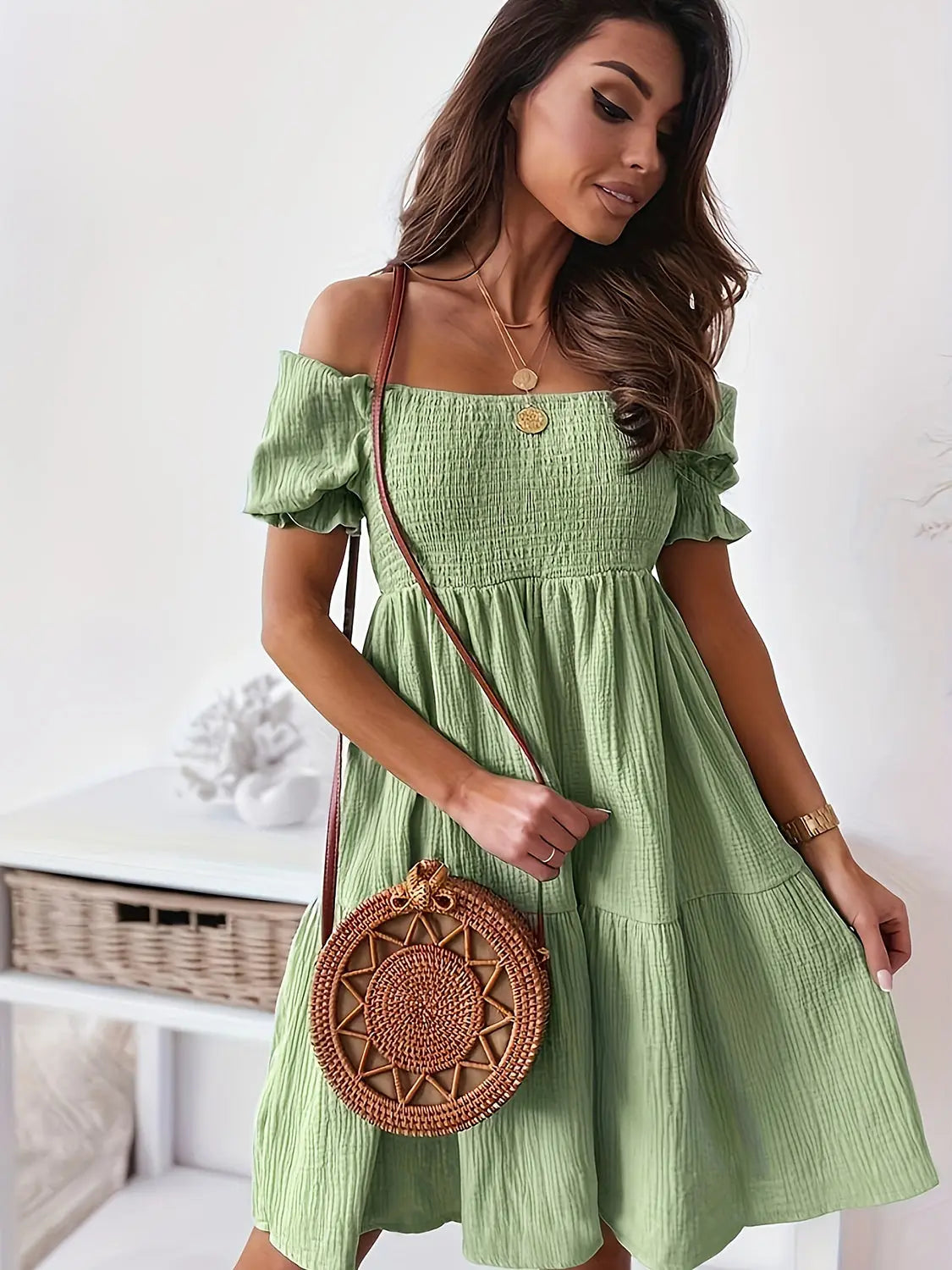 Full Size Ruffled Off Shoulder Short Sleeve Dress