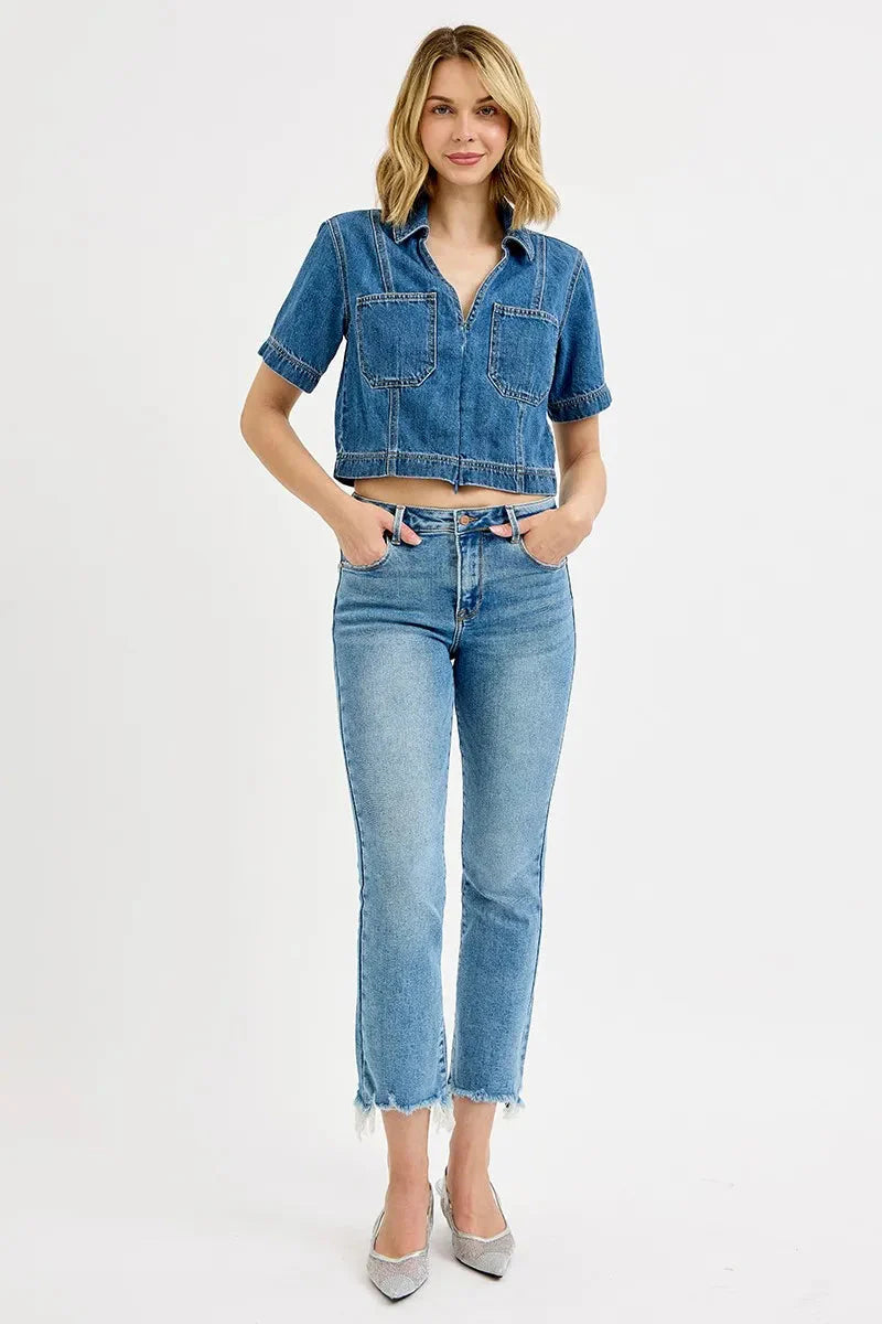 Full Size High Rise Crop Straight Slim Medium Wash RISEN Jeans