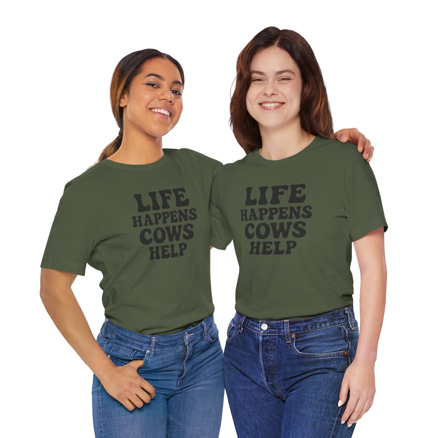 Funny Cow-Themed Tee: "Life Happens, Cows Help" - Perfect for Farm Lovers, Birthdays, and Casual Outings