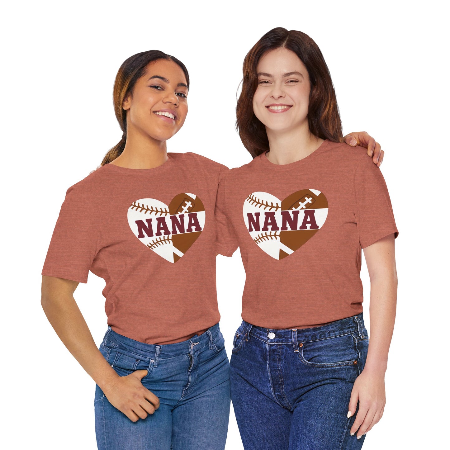 Baseball and Football Heart Tee for Grandma, Unisex Jersey Short Sleeve Shirt, Nana Gift, Sports Fan T-Shirt, Mother's Day Apparel
