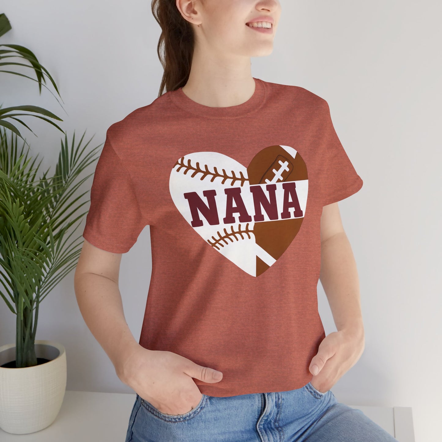 Baseball and Football Heart Tee for Grandma, Unisex Jersey Short Sleeve Shirt, Nana Gift, Sports Fan T-Shirt, Mother's Day Apparel