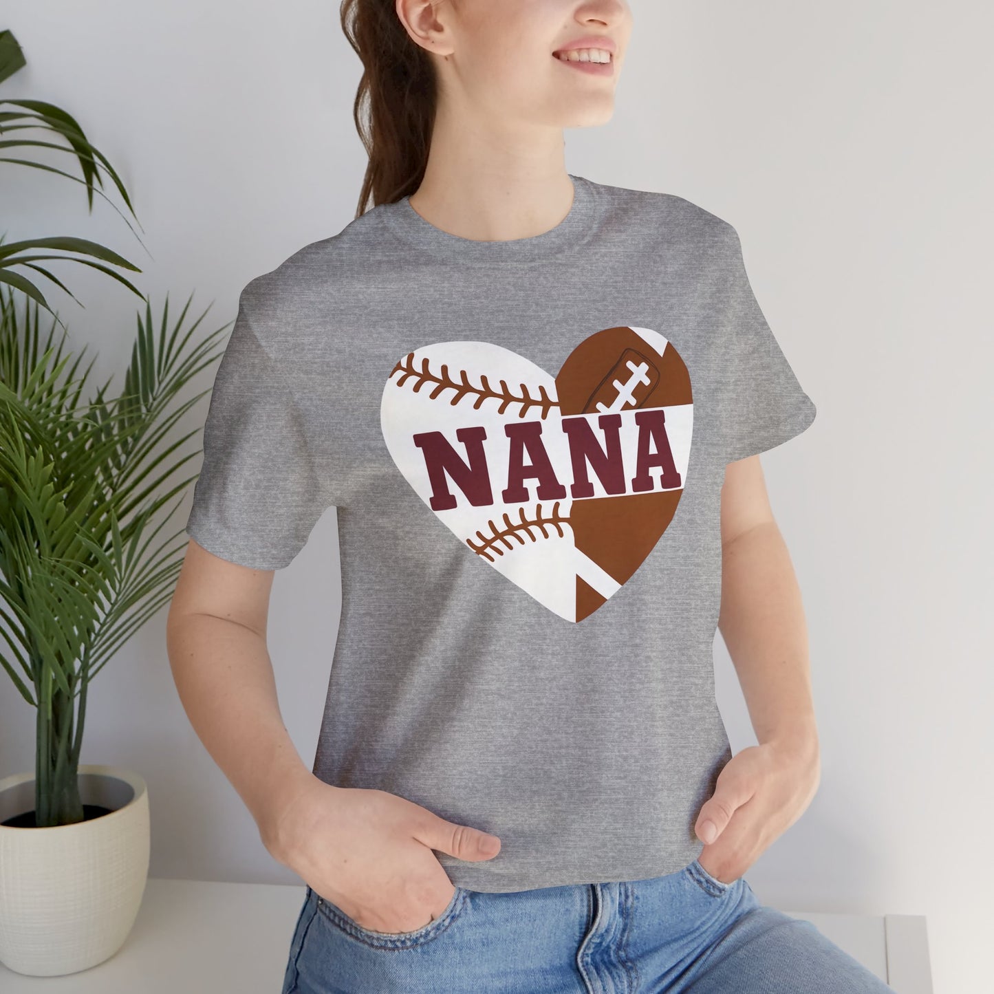 Baseball and Football Heart Tee for Grandma, Unisex Jersey Short Sleeve Shirt, Nana Gift, Sports Fan T-Shirt, Mother's Day Apparel