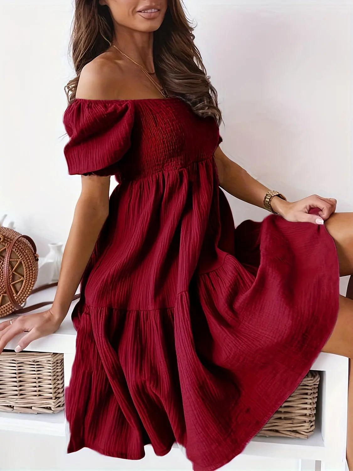 Full Size Ruffled Off Shoulder Short Sleeve Dress