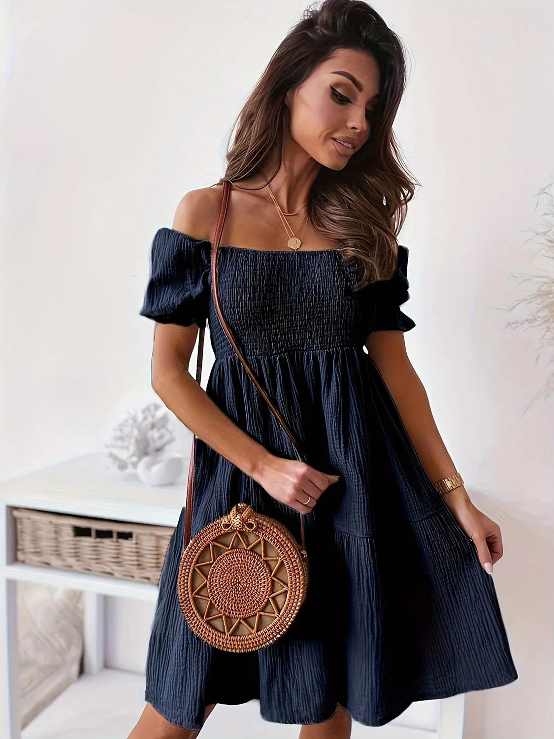 Full Size Ruffled Off Shoulder Short Sleeve Dress