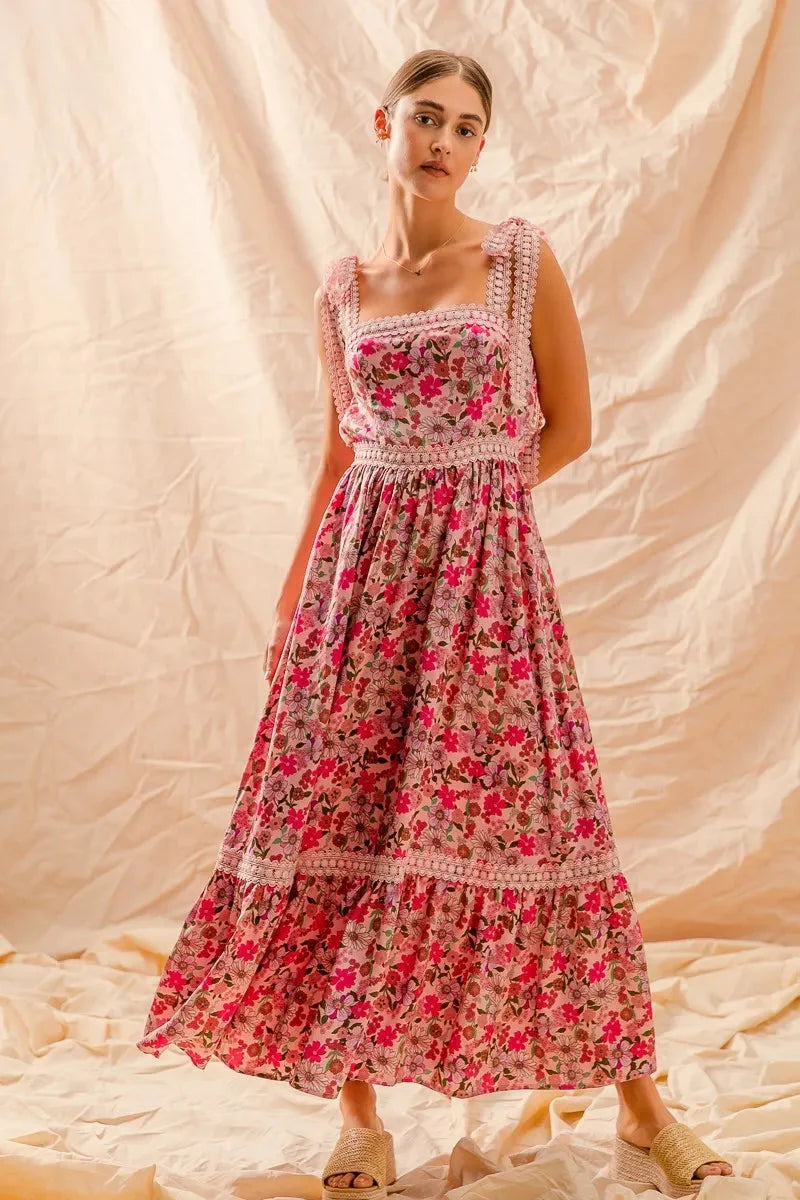 SO ME Floral Maxi Dress with Ribbon Tie Lace Strap