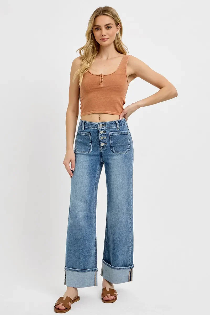RISEN Jeans - High Rise Ankle Wide Button Patch Pocket Cuffed Jeans