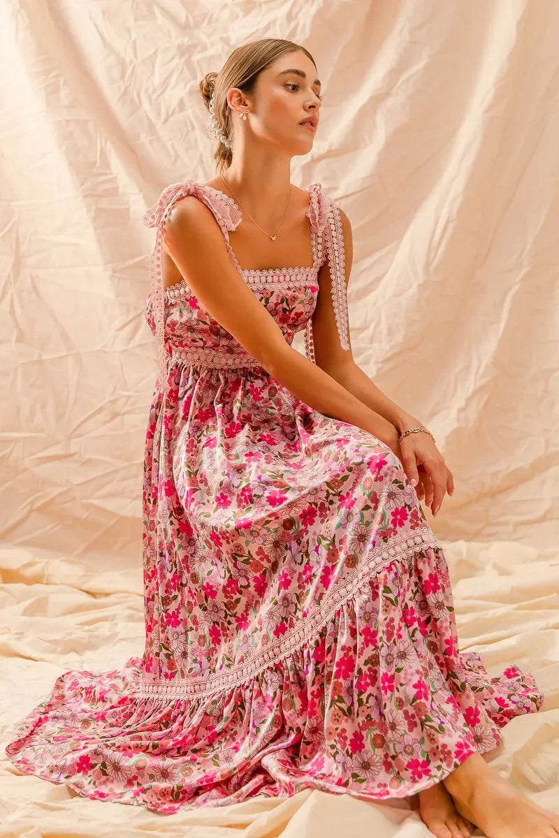 SO ME Floral Maxi Dress with Ribbon Tie Lace Strap