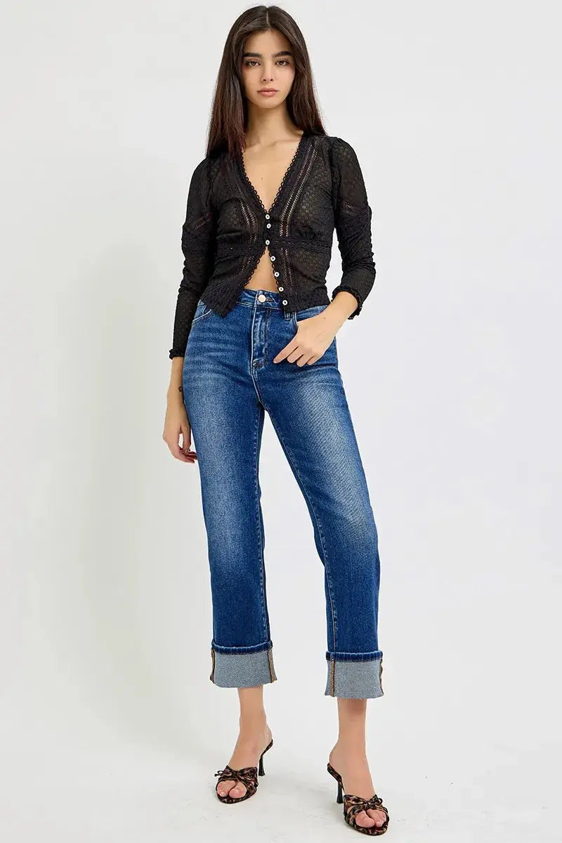 Full/Plus Size High Rise Ankle Straight Cuffed RISEN Jeans