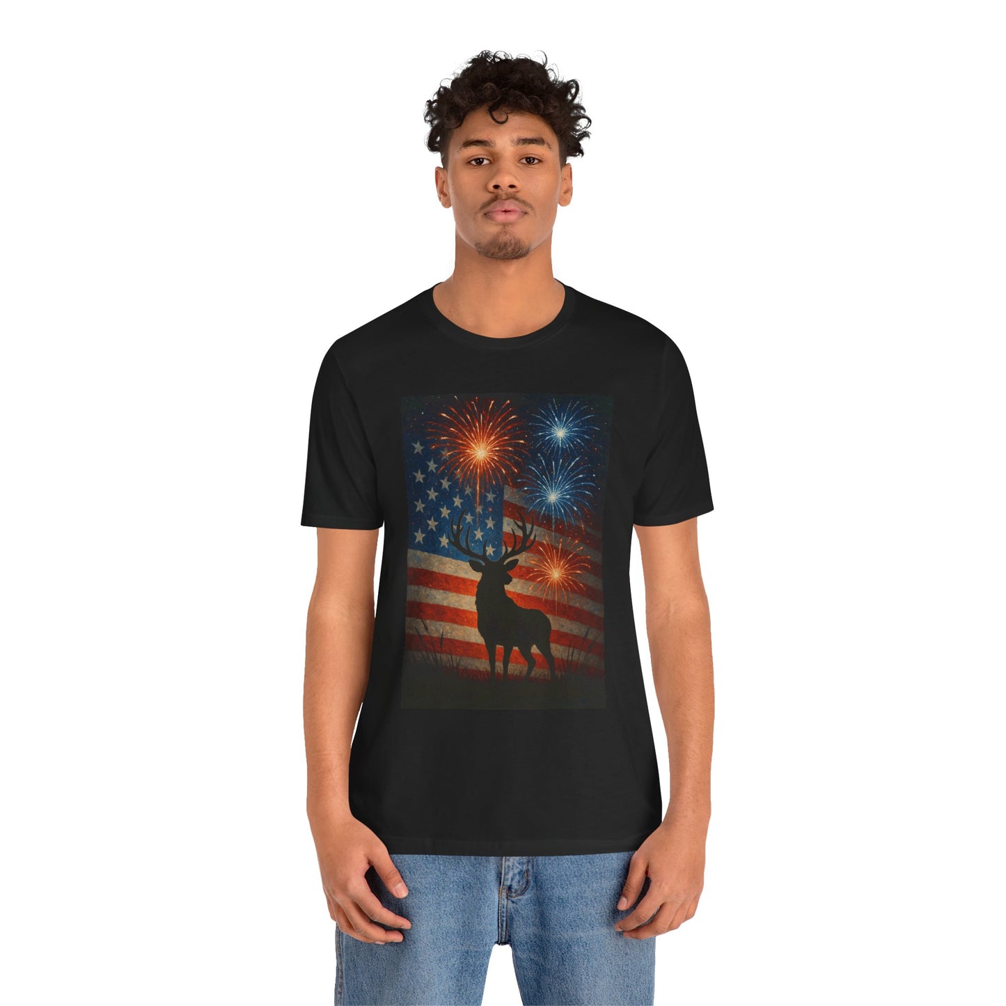 Patriotic Deer Tee, Unisex Short Sleeve Shirt, 4th of July Celebration, Independence Day Outfit, Casual Summer Wear, Americana Apparel