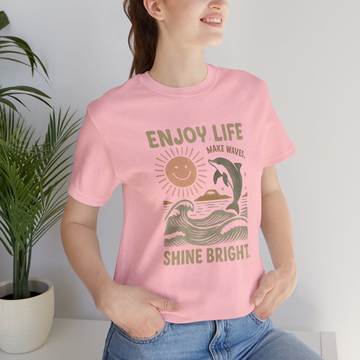 Enjoy Life Short Sleeve Tee - Retro Beach Vibes, Summer Style, Perfect Gift, Casual Wear, Dolphin Design, Fun Shirt
