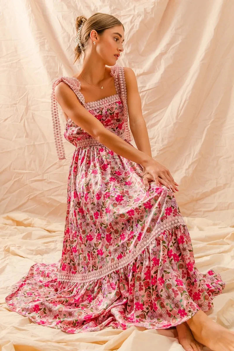 SO ME Floral Maxi Dress with Ribbon Tie Lace Strap
