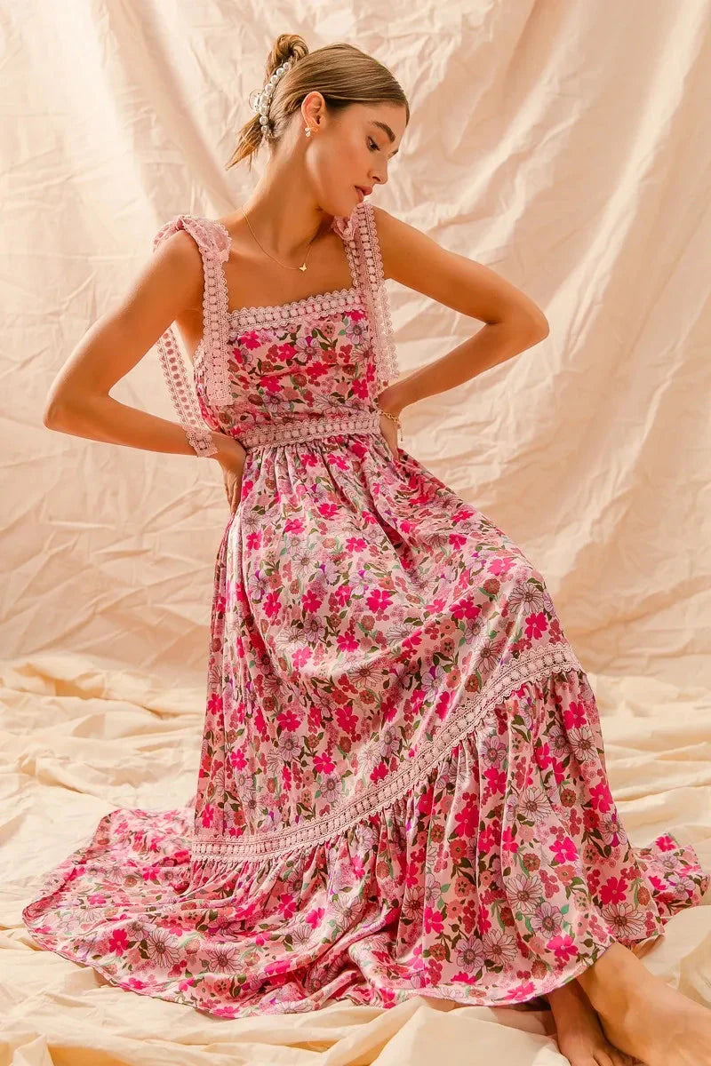 SO ME Floral Maxi Dress with Ribbon Tie Lace Strap
