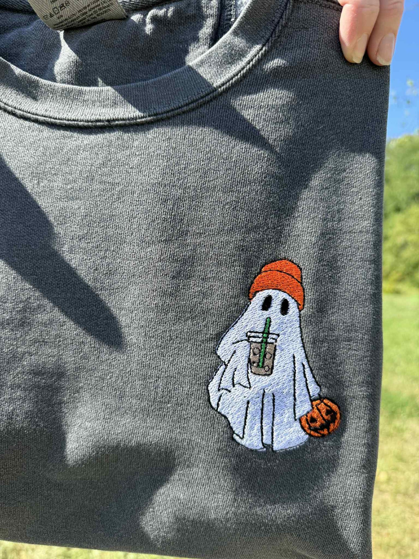 Adult Embroidered Iced Coffee Ghost Comfort Colors Tee - more colors
