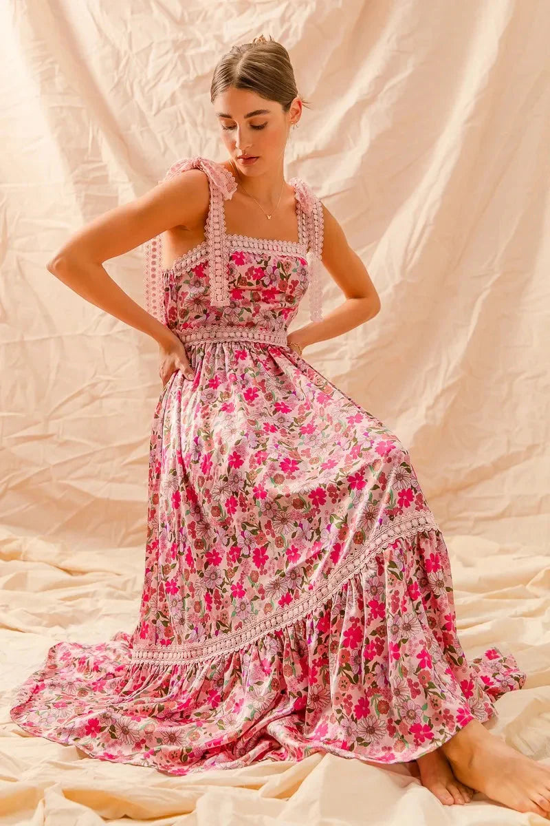 SO ME Floral Maxi Dress with Ribbon Tie Lace Strap