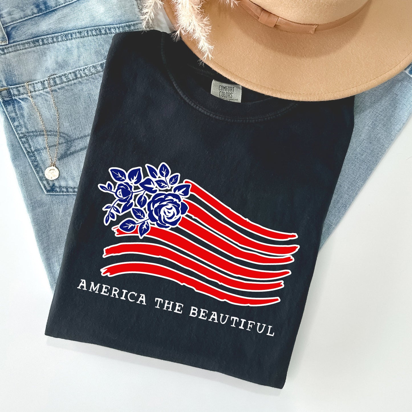 America The Beautiful, Flower Flag, Patriotic Tshirt Comfort Colors T-Shirt