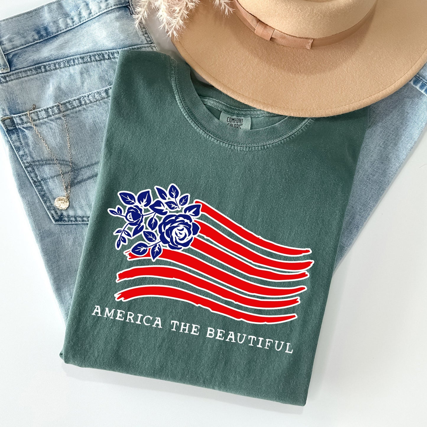America The Beautiful, Flower Flag, Patriotic Tshirt Comfort Colors T-Shirt