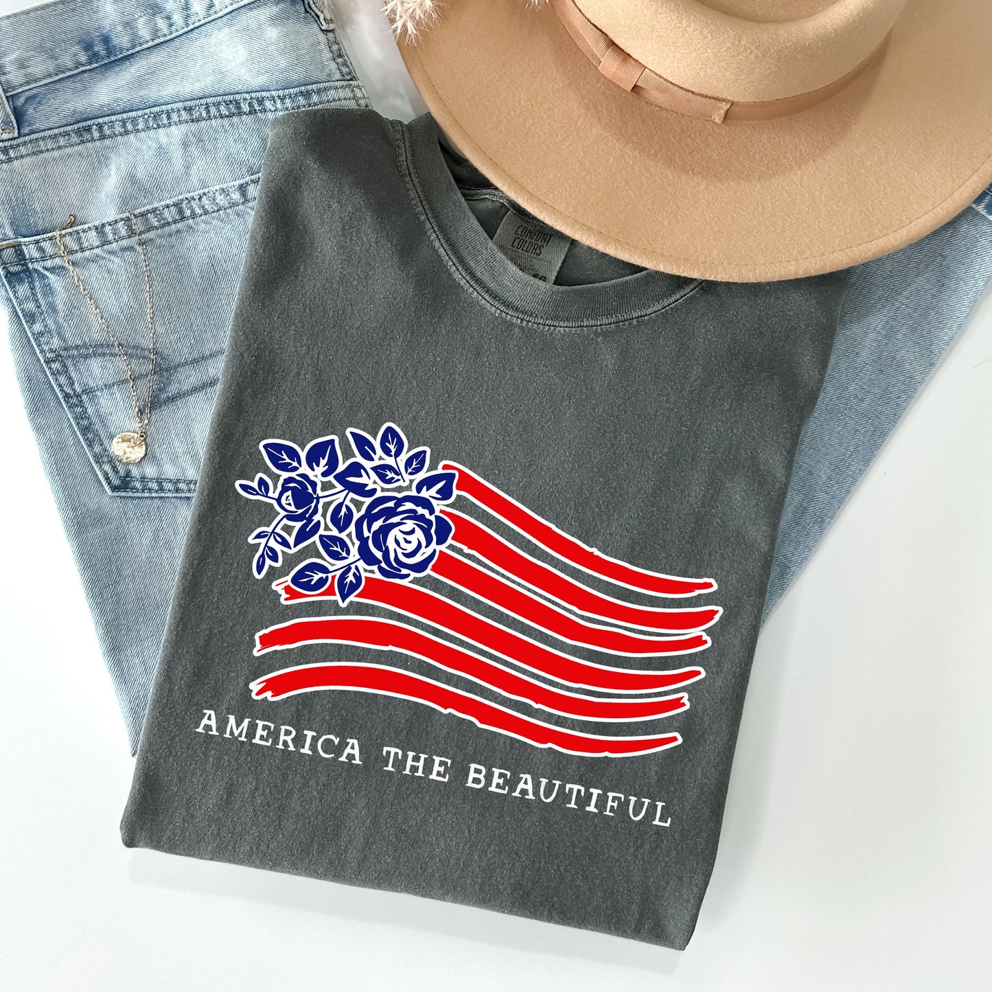 America The Beautiful, Flower Flag, Patriotic Tshirt Comfort Colors T-Shirt