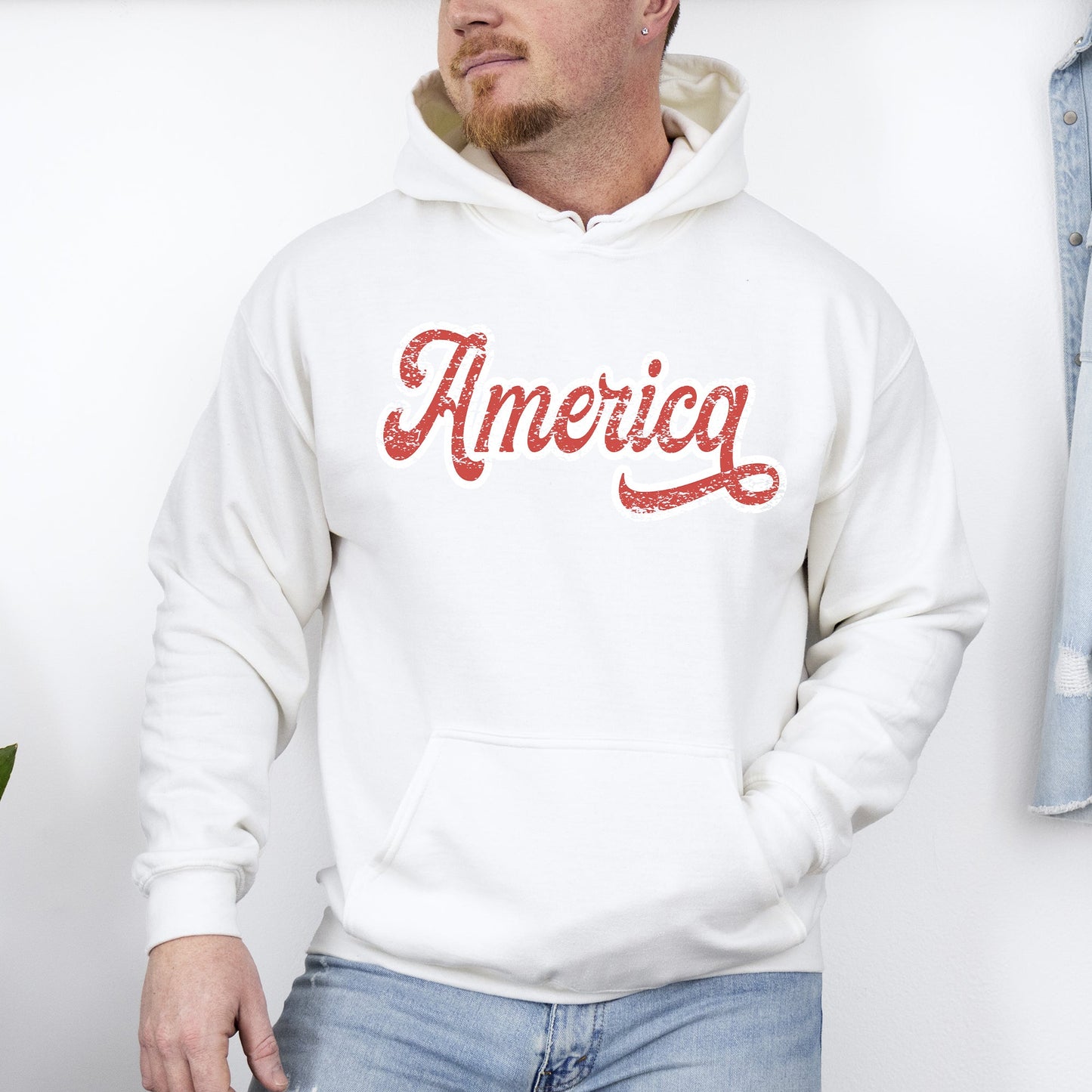 America, Red, White, Varsity, Retro, Patriotic, USA, 4th of July Hoodie, Hooded Sweatshirt