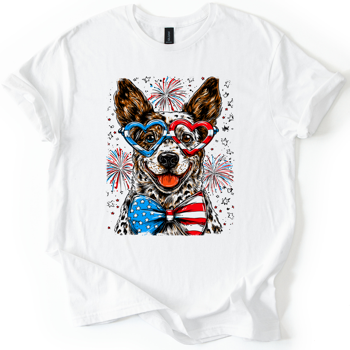 Australian Cattle Patriotic Dog, USA, America, Pet Lover, 4th of July, Soft Style T-Shirt