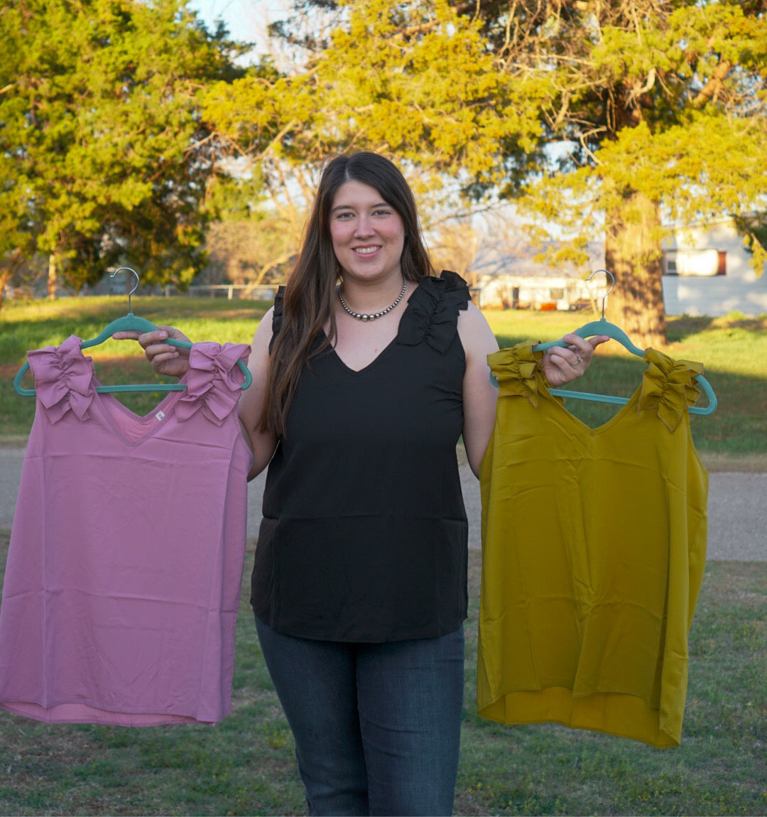 Olive Mustard - Ruffle Trim Sleeveless Top