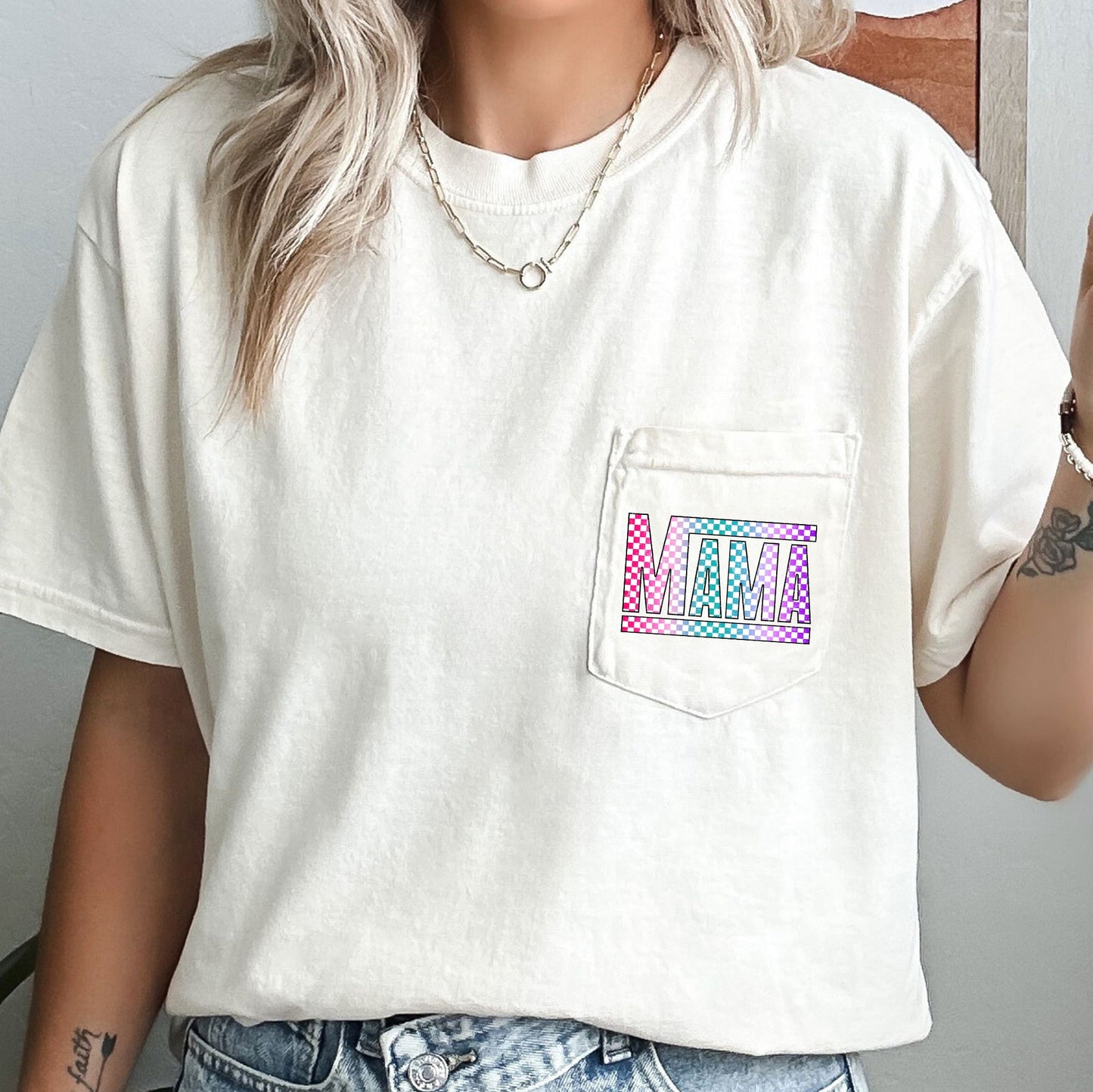 Checkered Mama, Colorful, Retro, Pocket Tee Comfort Colors T-Shirt