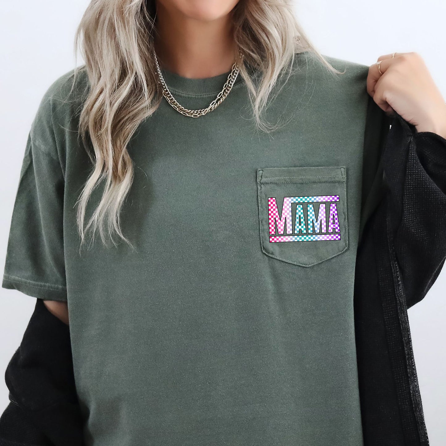 Checkered Mama, Colorful, Retro, Pocket Tee Comfort Colors T-Shirt