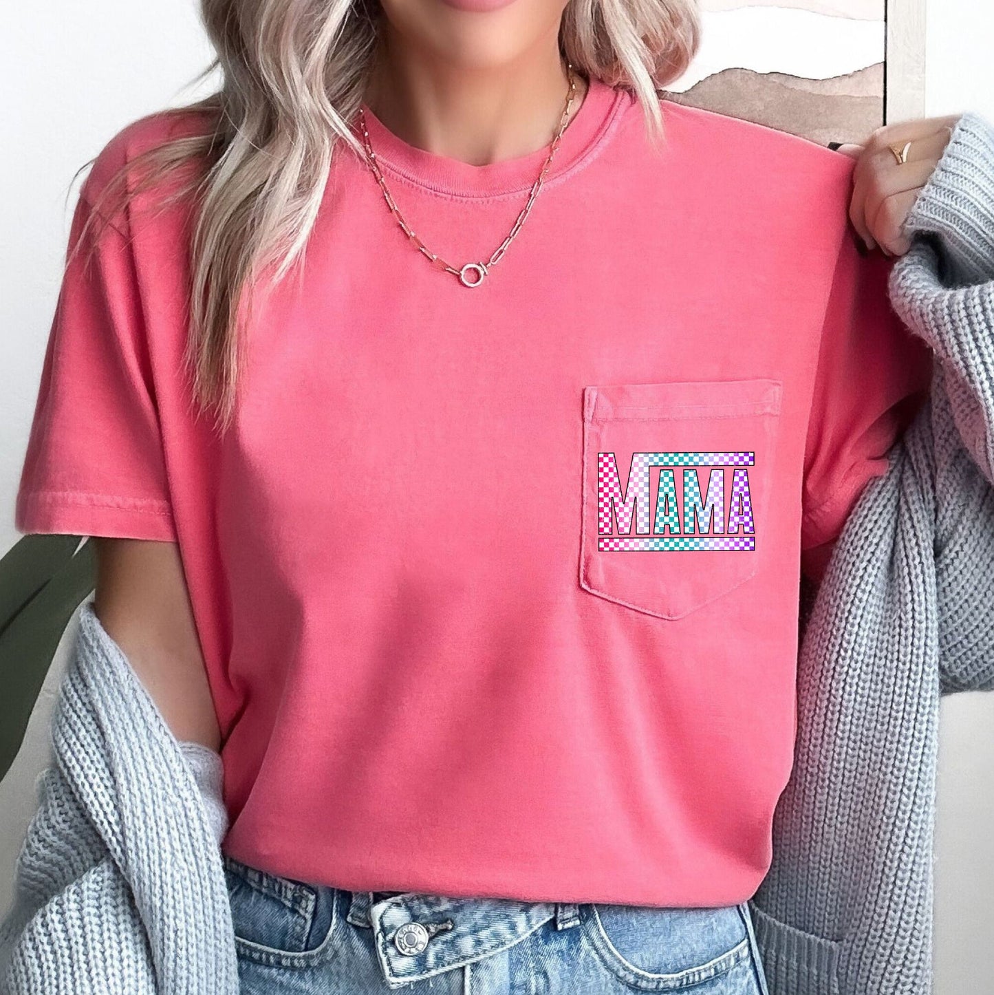 Checkered Mama, Colorful, Retro, Pocket Tee Comfort Colors T-Shirt
