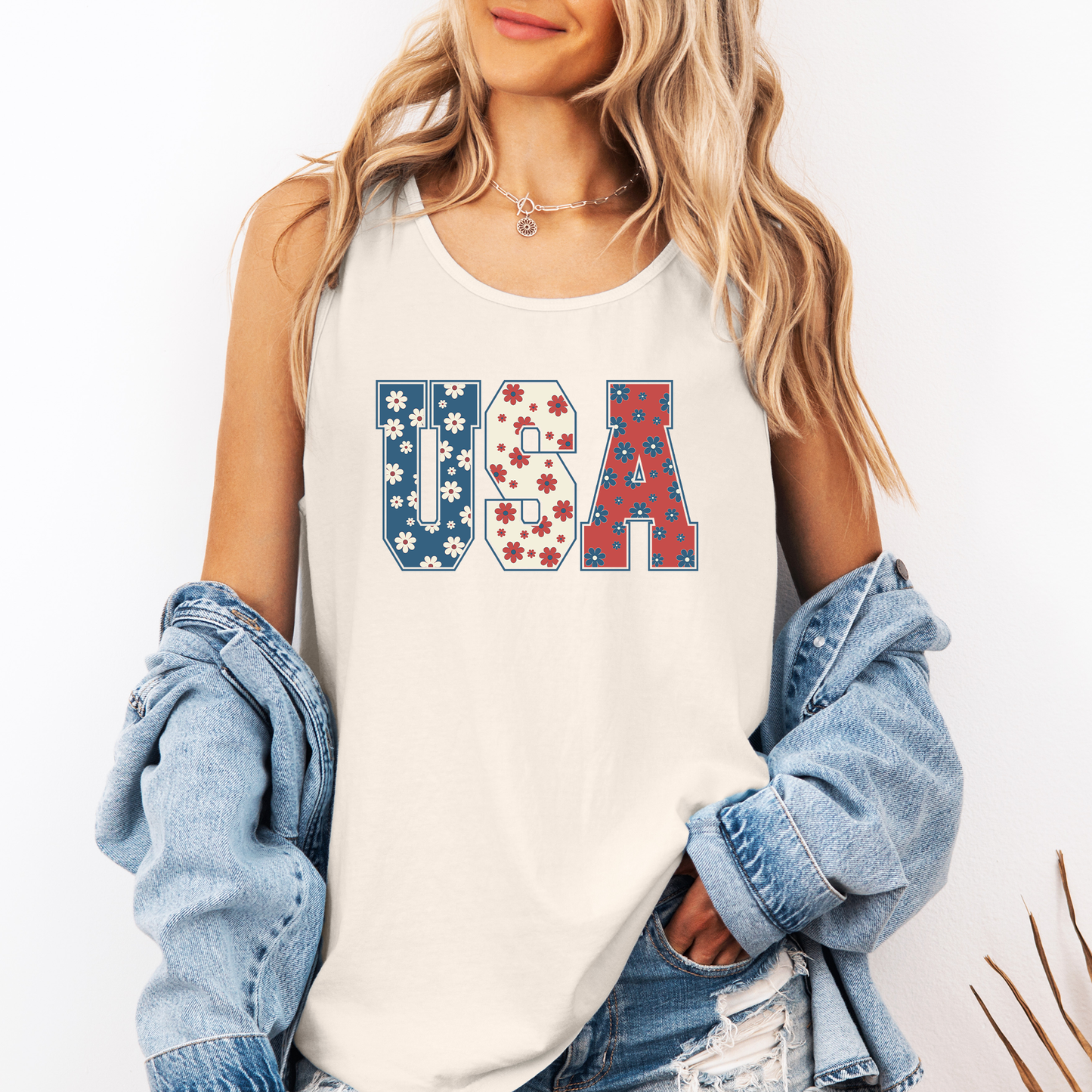 Floral USA, Fourth of July, America, Patriotic, USA Comfort Colors Tank Top