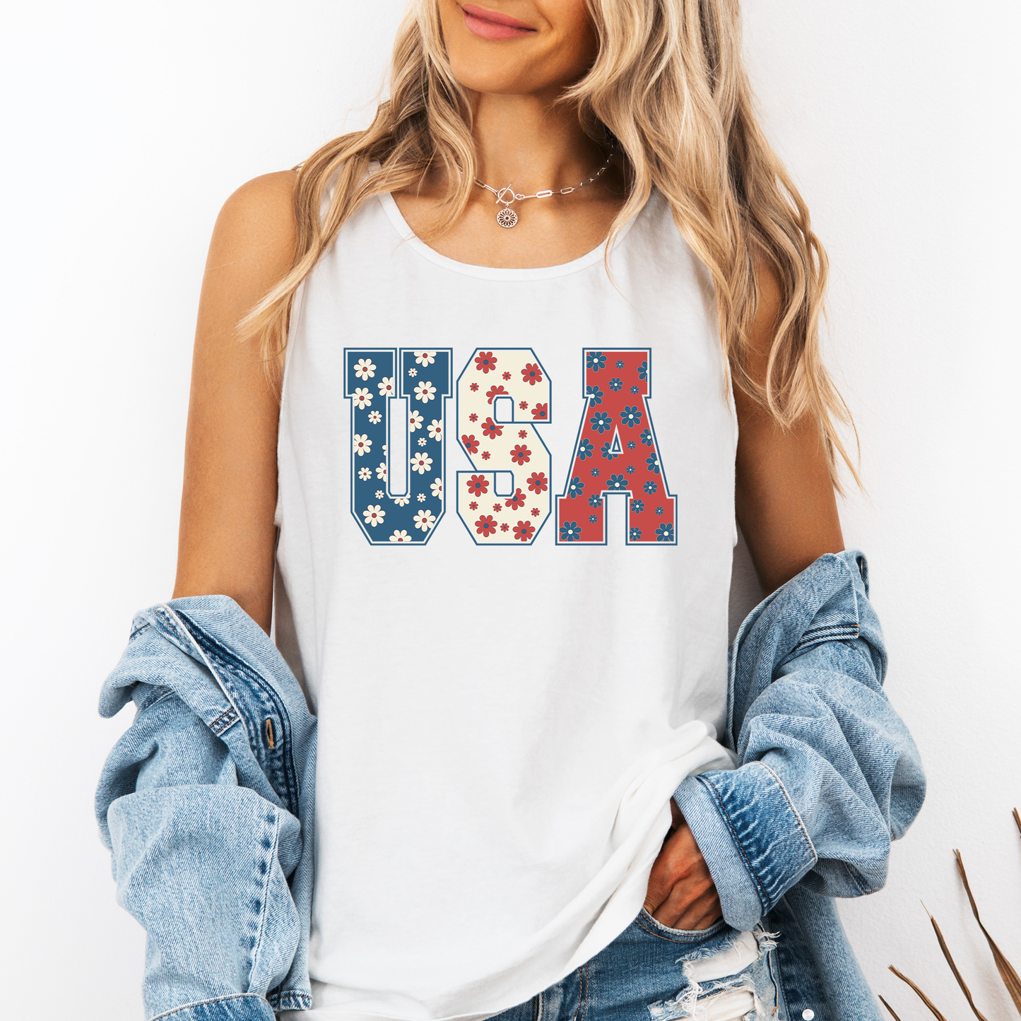 Floral USA, Fourth of July, America, Patriotic, USA Comfort Colors Tank Top