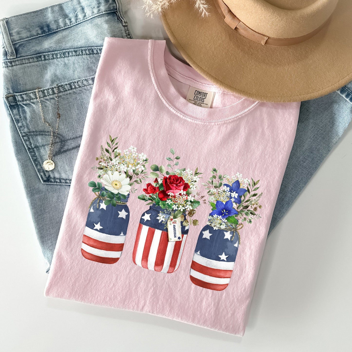 Flowers In Mason Jars, All American, Patriotic Tshirt Comfort Colors T-Shirt