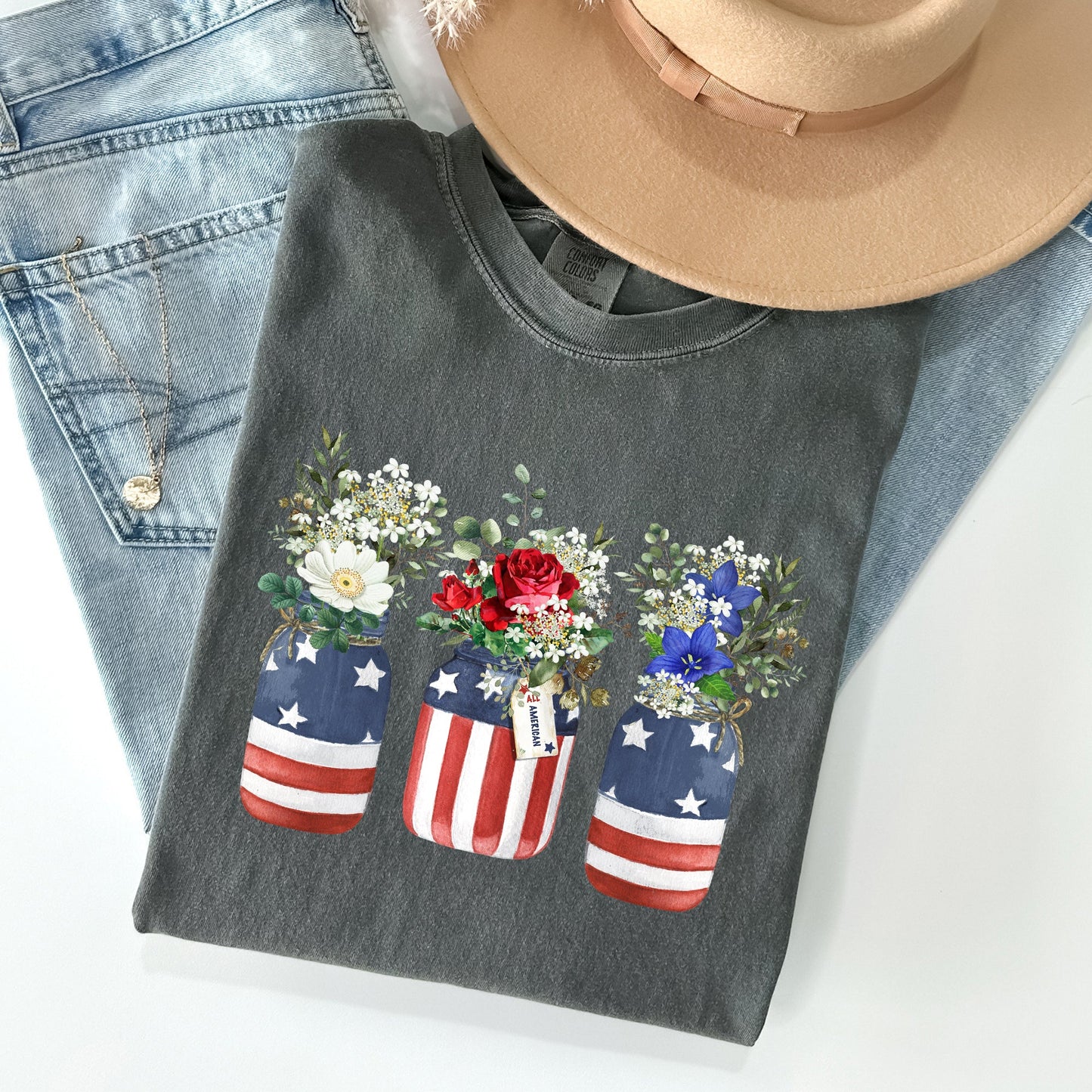 Flowers In Mason Jars, All American, Patriotic Tshirt Comfort Colors T-Shirt