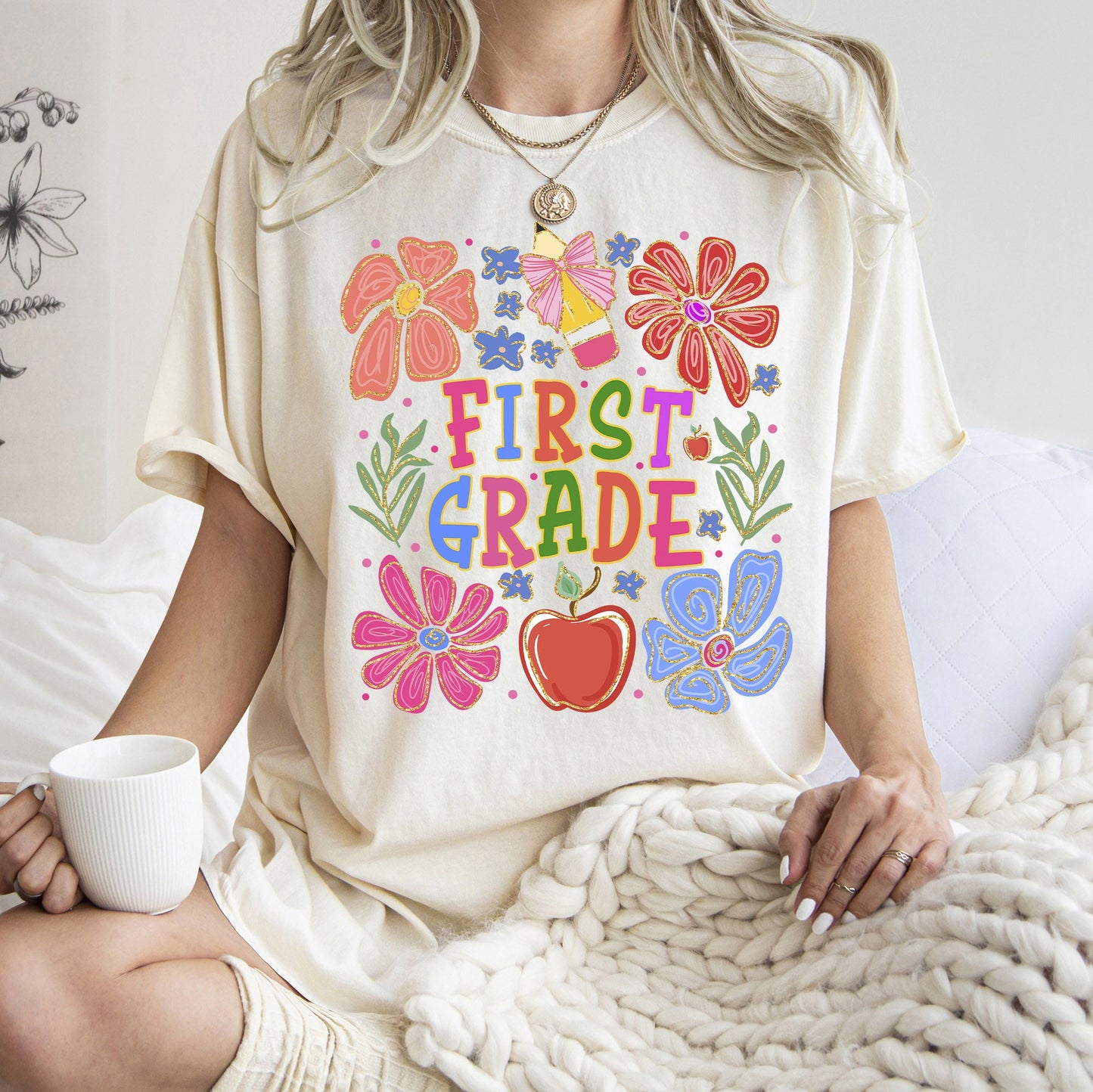 First Grade, Boho, Teacher, Back to School, Floral, First Day of School, Cute, Teacher Appreciation, Coquette, Comfort Colors T-Shirt