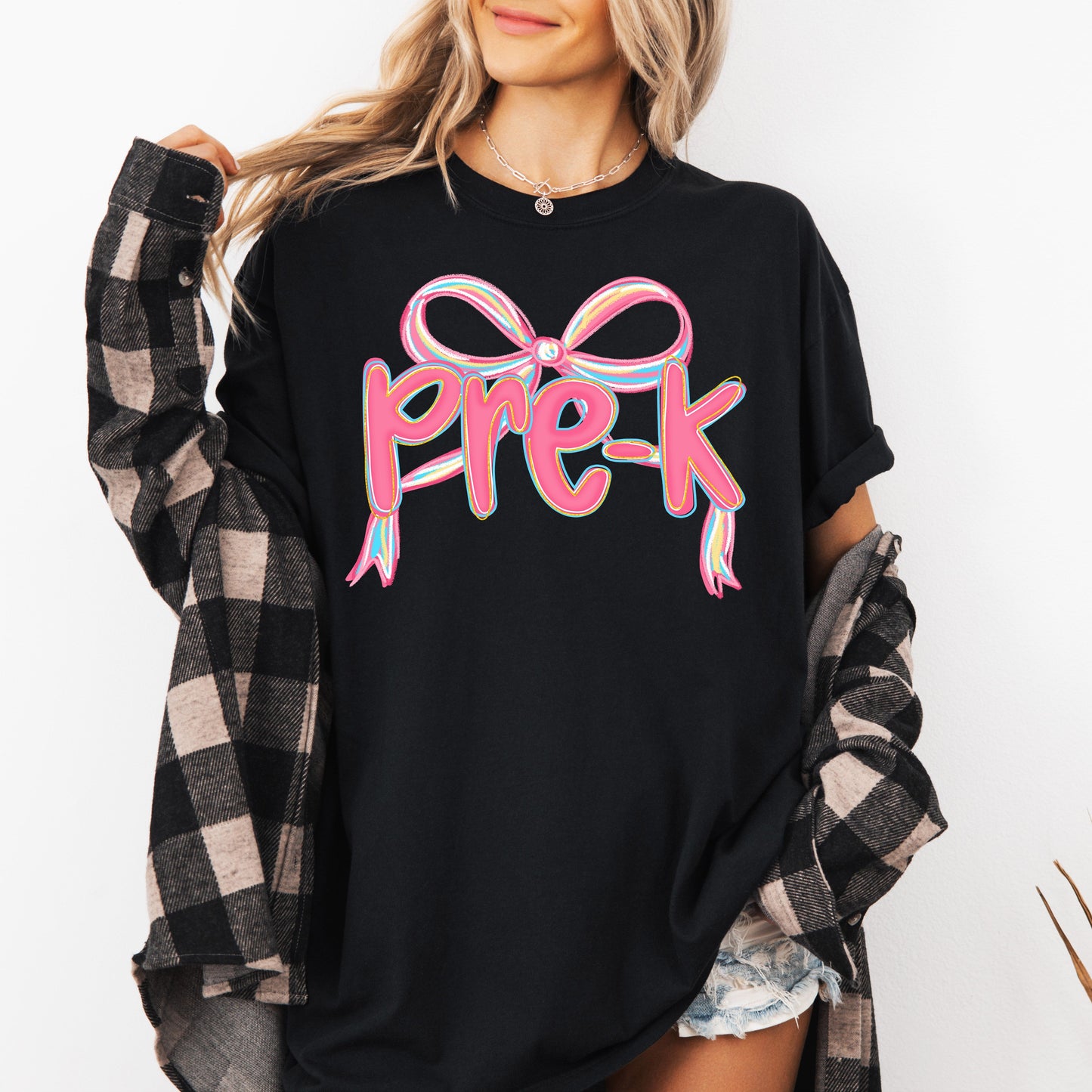 Pre-K, Neon Pink, Teacher, Back to School, Bow, First Day of School, Cute, Teacher Appreciation, Coquette, Comfort Colors T-Shirt