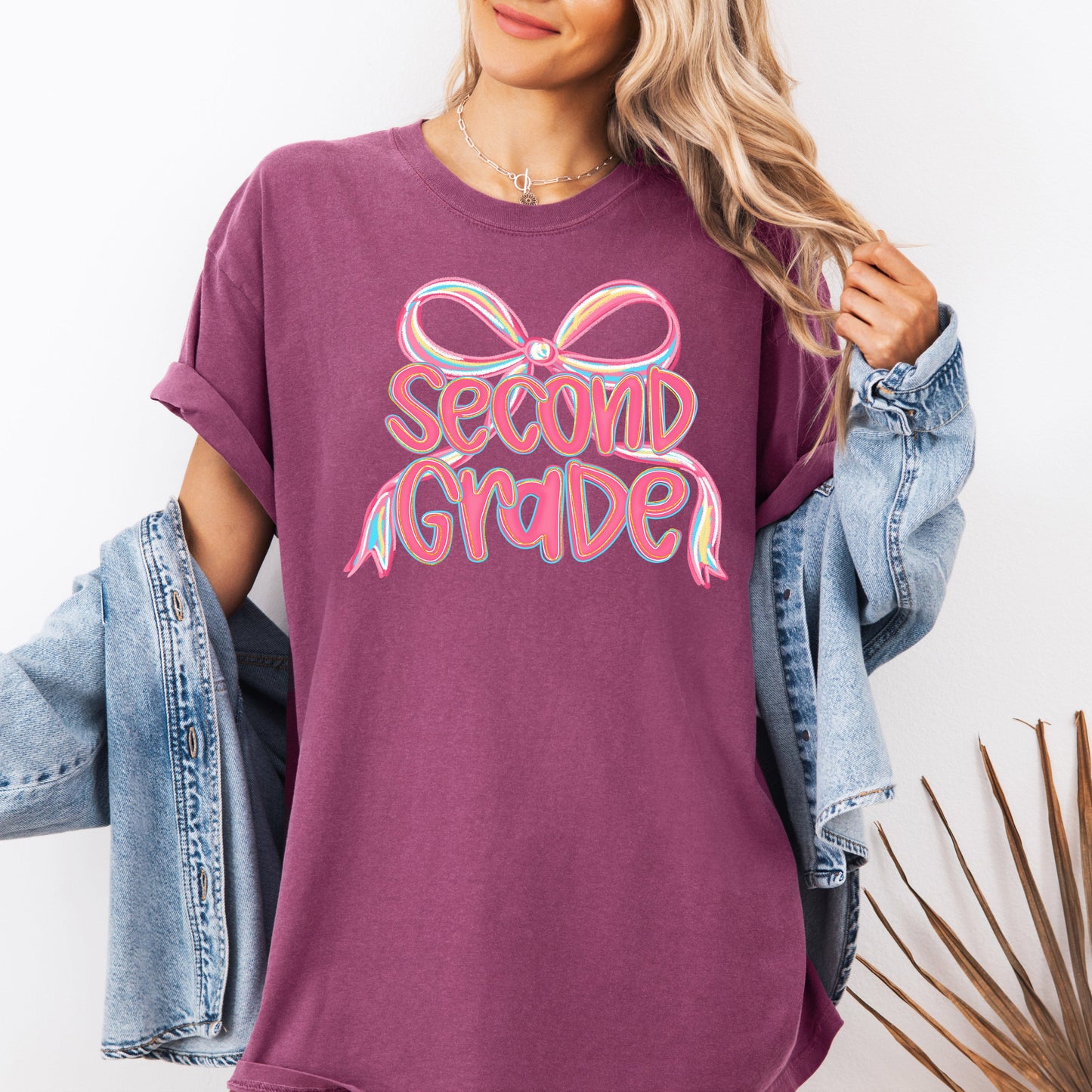 Second Grade, Neon Pink, Teacher, Back to School, Bow, First Day of School, Cute, Teacher Appreciation, Coquette, Comfort Colors T-Shirt