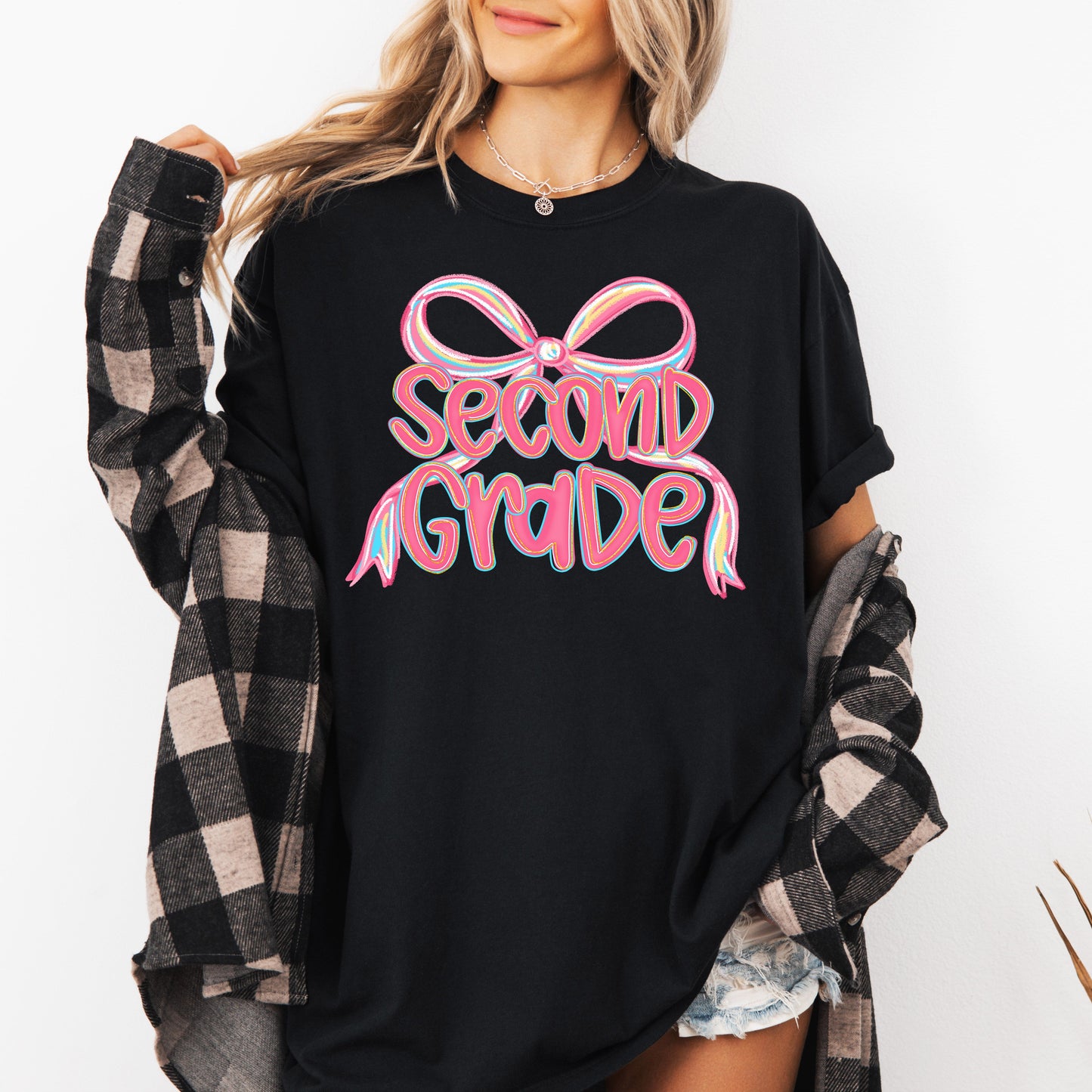 Second Grade, Neon Pink, Teacher, Back to School, Bow, First Day of School, Cute, Teacher Appreciation, Coquette, Comfort Colors T-Shirt