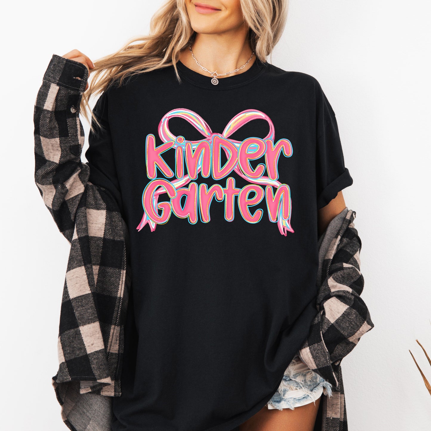 Kindergarten, Neon Pink, Teacher, Back to School, Bow, First Day of School, Cute, Teacher Appreciation, Coquette, Comfort Colors T-Shirt
