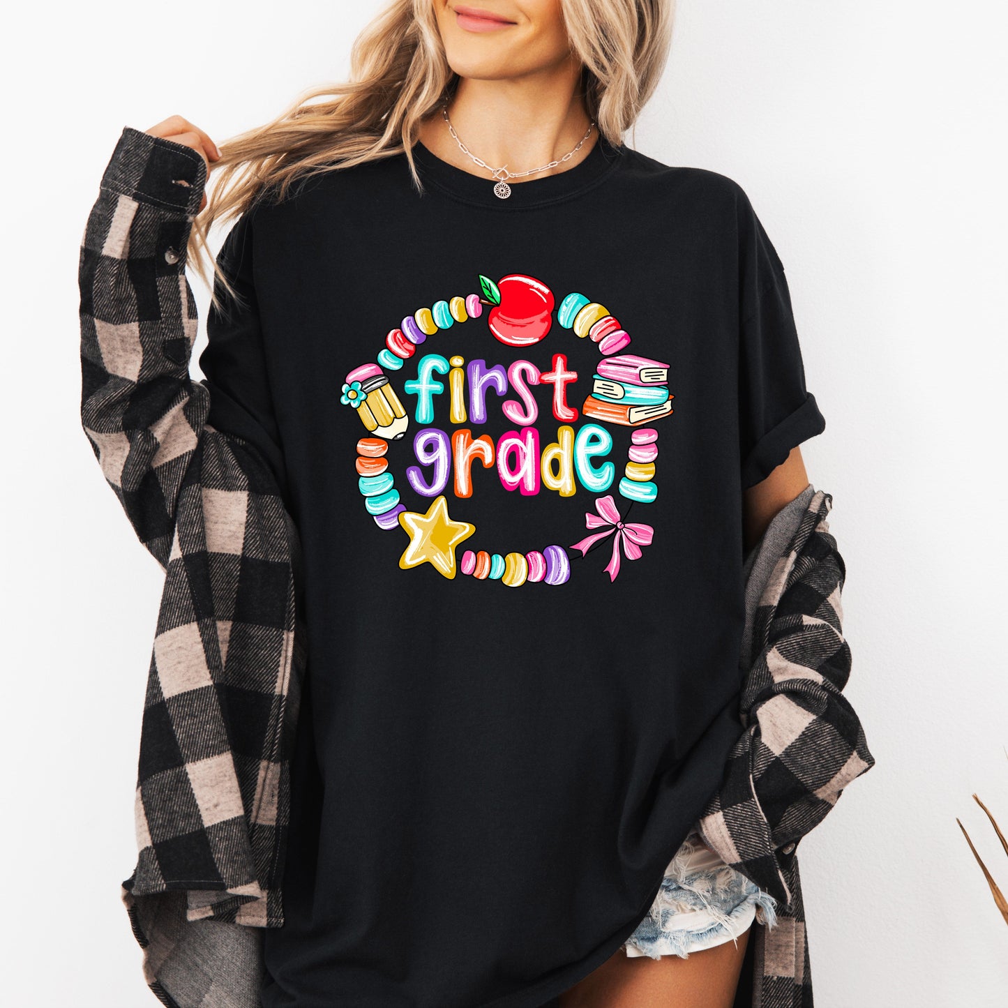 First Grade, Teacher, Back to School, Bracelets, Bow, First Day of School, Cute, Teacher Appreciation, Coquette, Comfort Colors T-Shirt