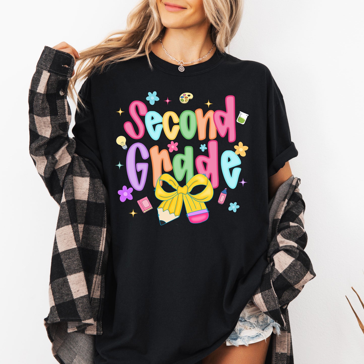Second Grade, Teacher, Back to School, Neon, Bow, First Day of School, Cute, Teacher Appreciation, Coquette, Comfort Colors T-Shirt