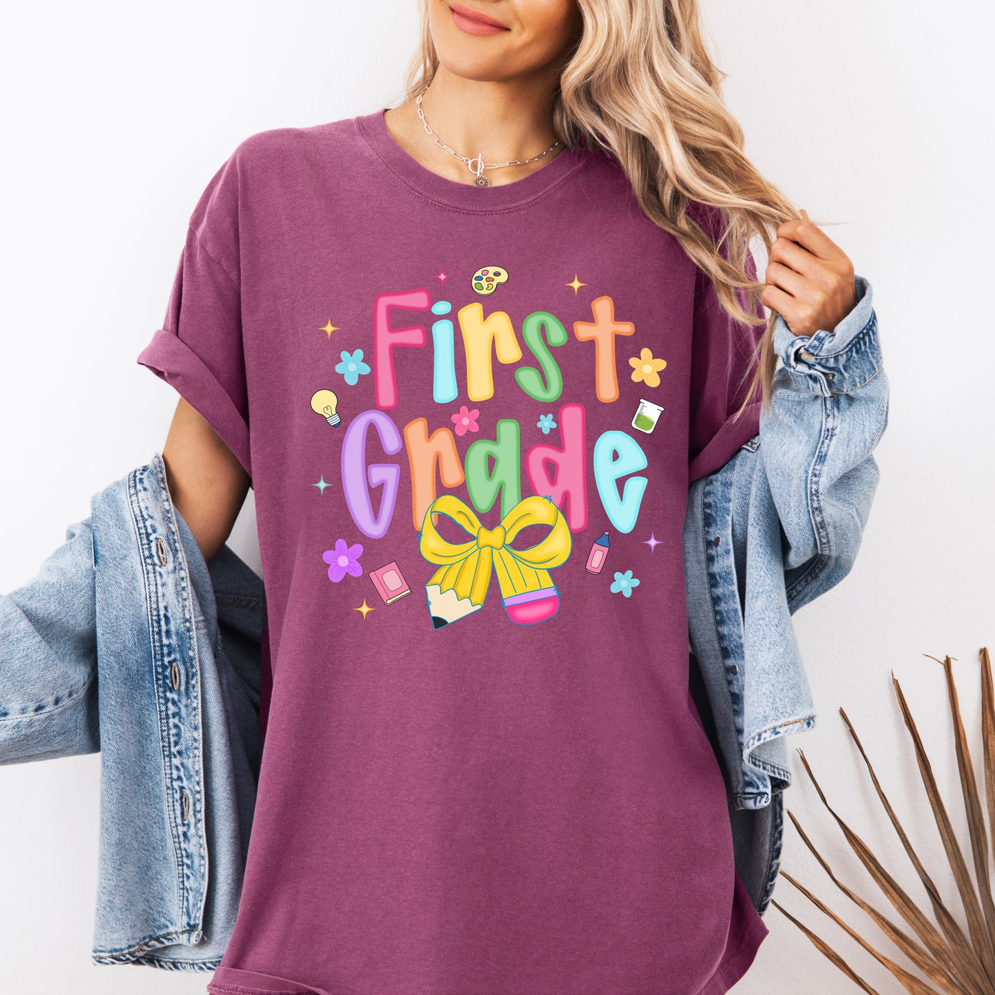First Grade, Teacher, Back to School, Neon, Bow, First Day of School, Cute, Teacher Appreciation, Coquette, Comfort Colors T-Shirt