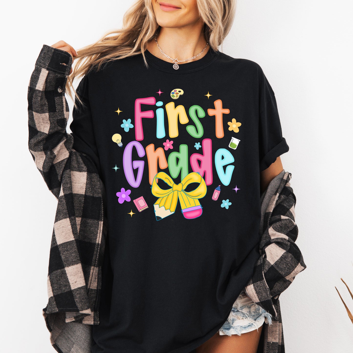 First Grade, Teacher, Back to School, Neon, Bow, First Day of School, Cute, Teacher Appreciation, Coquette, Comfort Colors T-Shirt