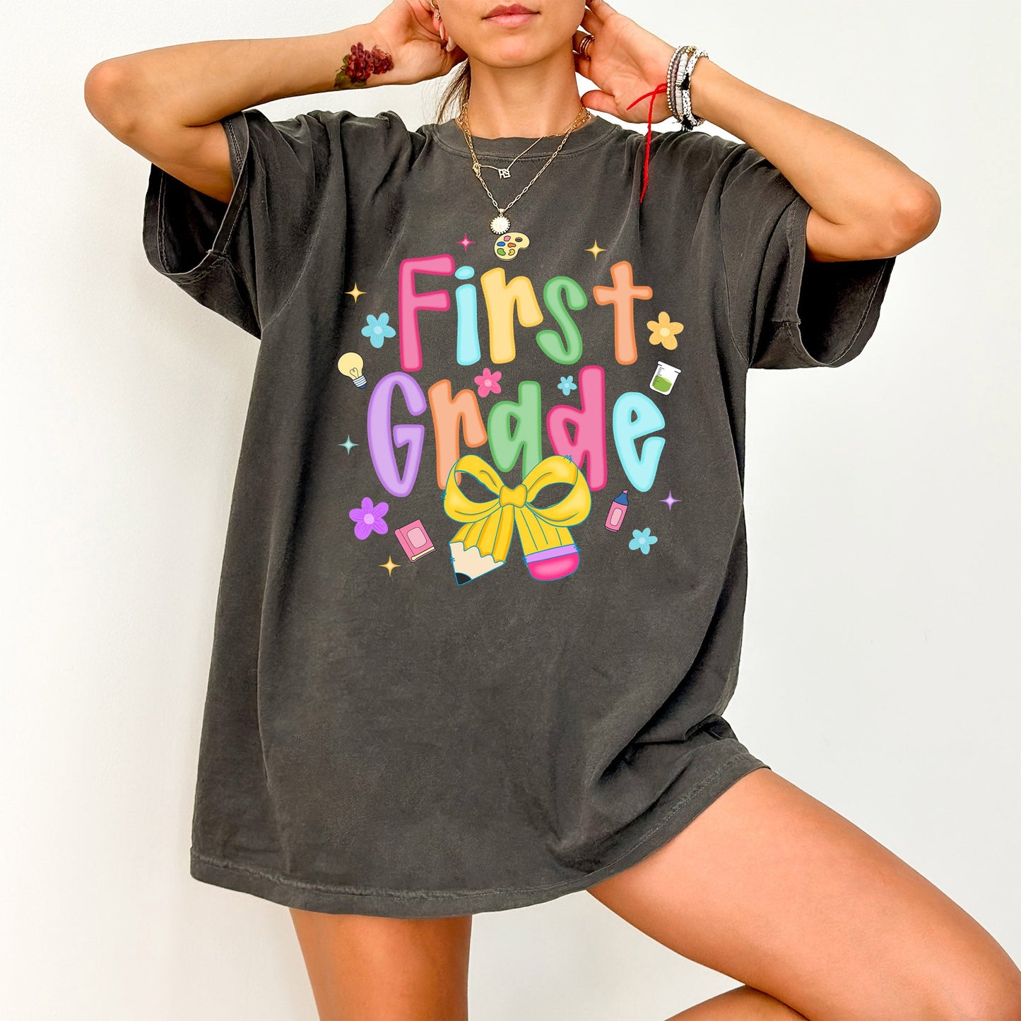 First Grade, Teacher, Back to School, Neon, Bow, First Day of School, Cute, Teacher Appreciation, Coquette, Comfort Colors T-Shirt