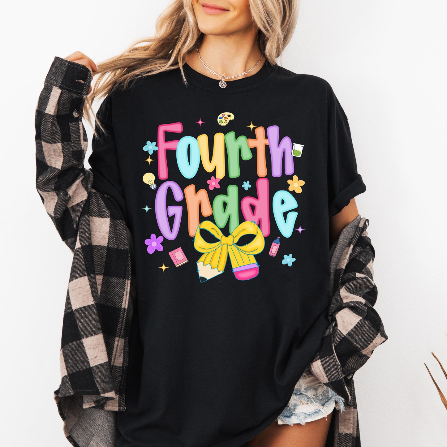 Fourth Grade, Teacher, Back to School, Neon, Bow, First Day of School, Cute, Teacher Appreciation, Coquette, Comfort Colors T-Shirt